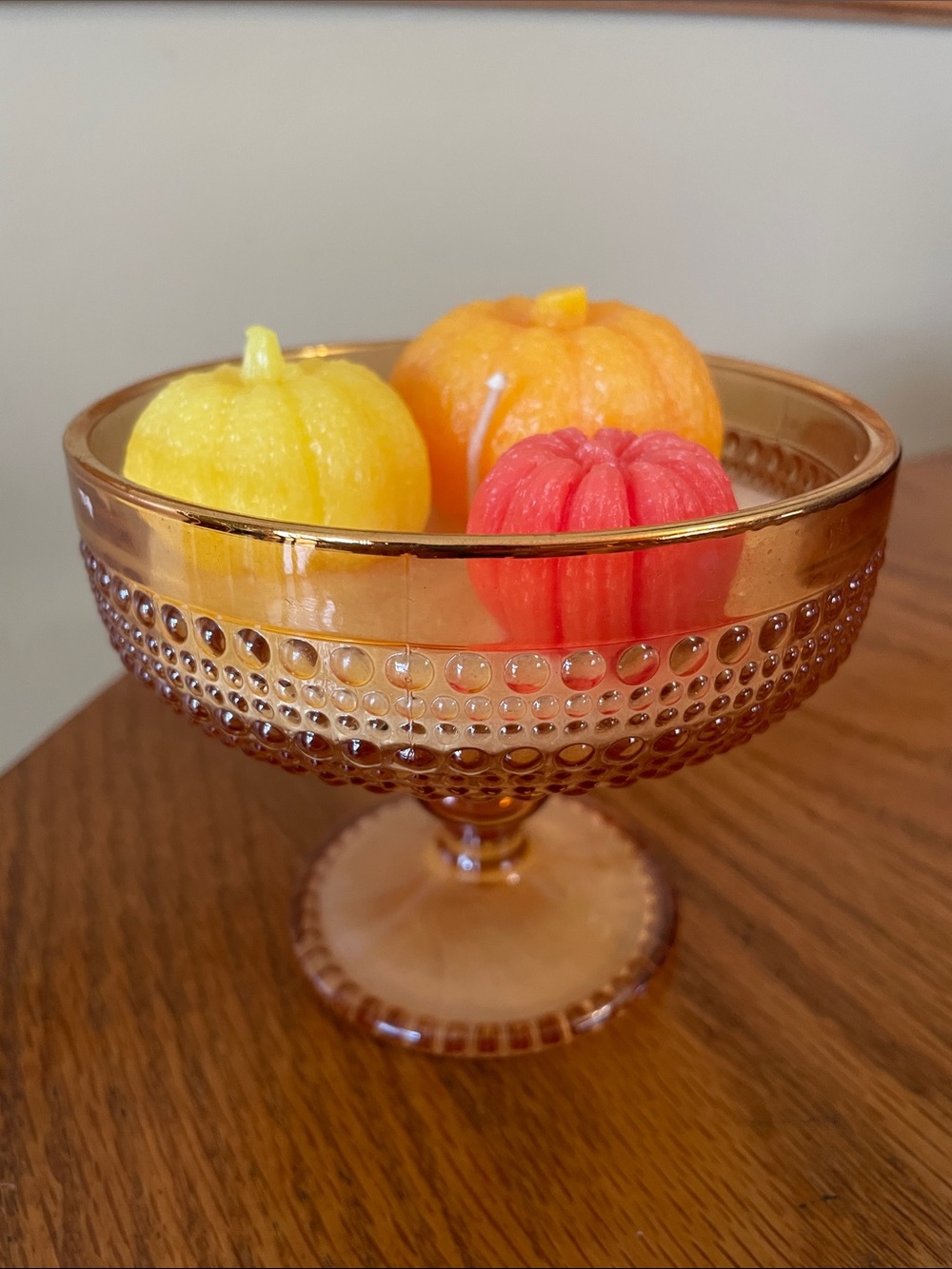 Decorative Amber Hobnail Glass Compote with Assorted Pumpkin Candles